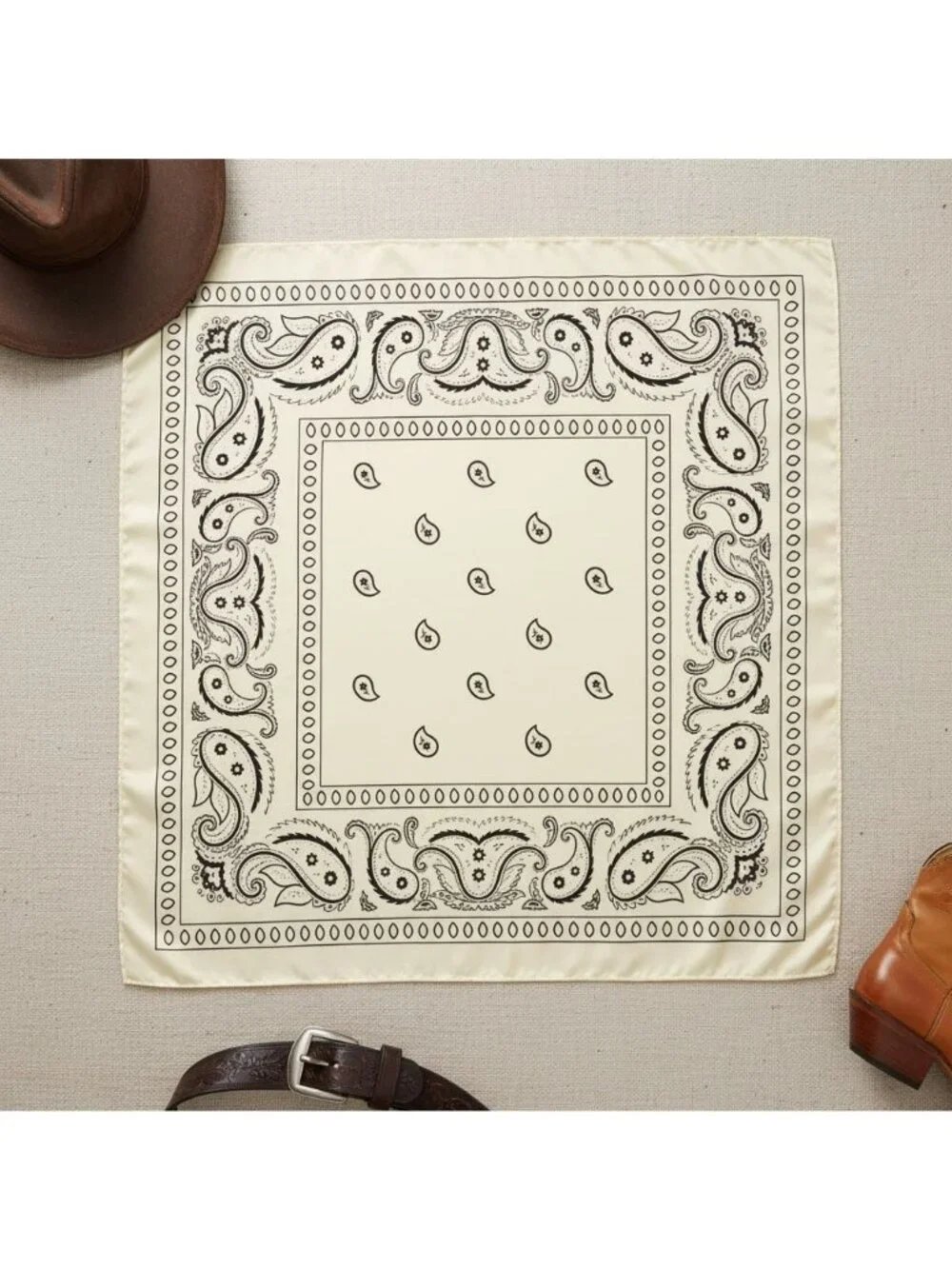 Ivory Black Paisley Wild Rag Scarf 35x35 Satin Western Cowgirl Cowboy Bandana